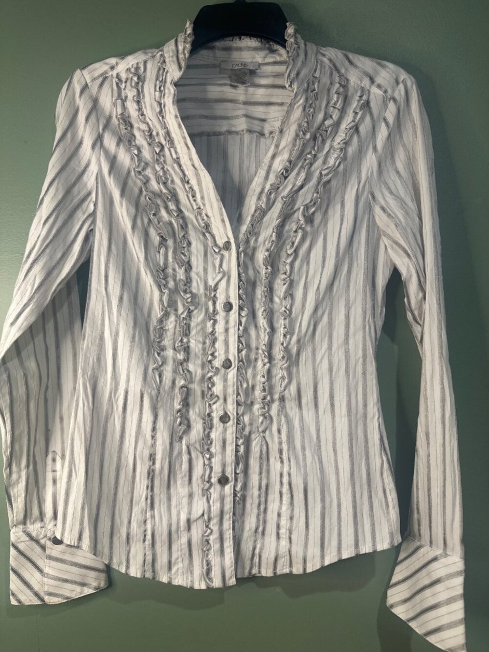 Cache White Silver Stripe Pearl Snap Ruffle Collar Top Y2K Y3K Style Size M